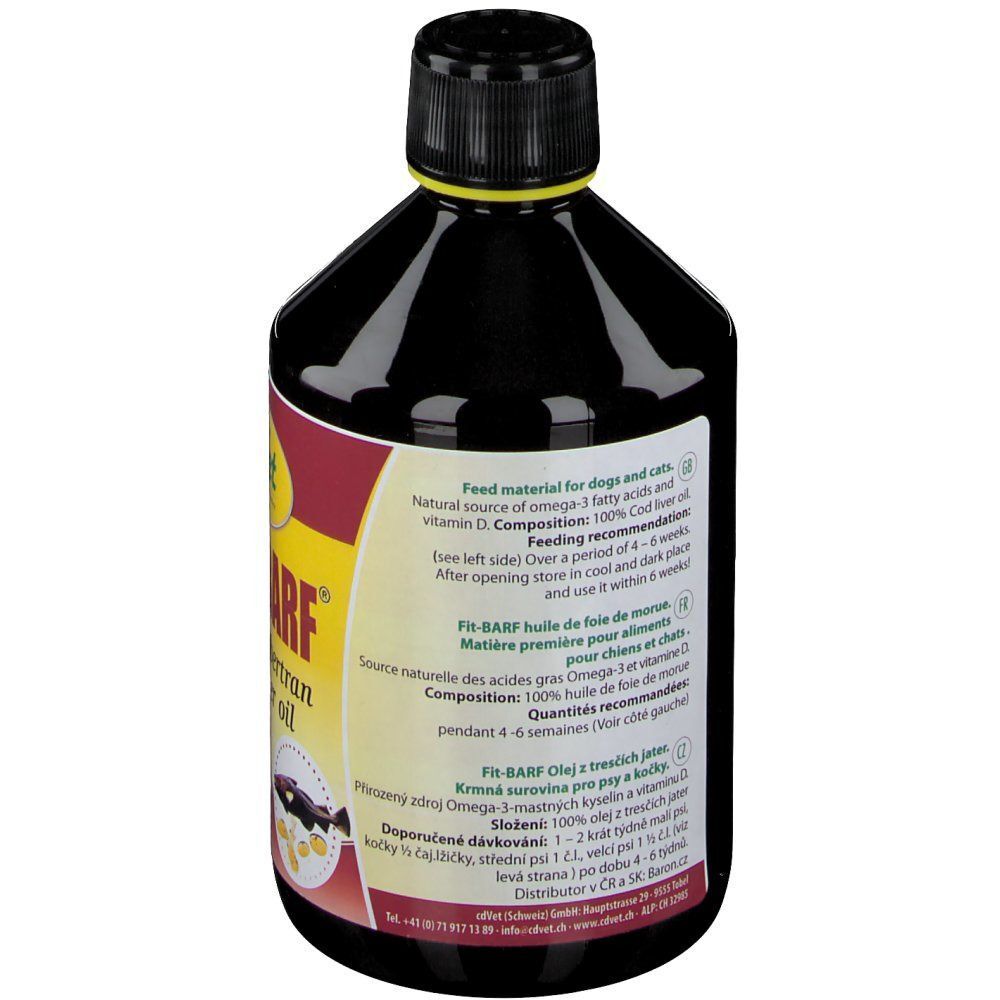 Rückseite einer Flasche cd Vet Fit-BARF Dorschlebertran mit Fütterungsempfehlung.
