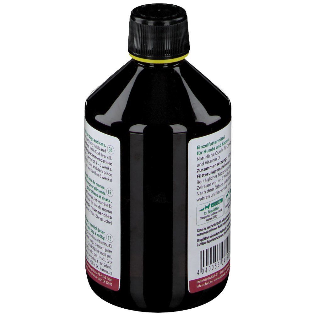 Seitenansicht einer Flasche cd Vet Fit-BARF Dorschlebertran.