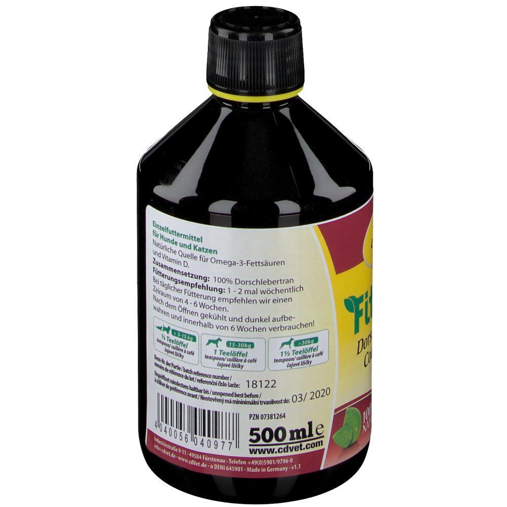Rückseite einer 500ml Flasche cd Vet Fit-BARF Dorschlebertran mit Dosierungsanleitung.