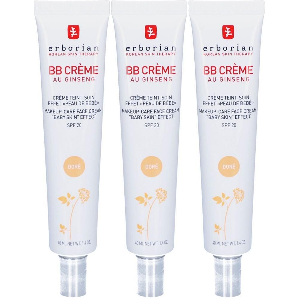 Drei Tuben Erborian BB Creme Doré mit Ginseng, LSF 20. 40 ml.