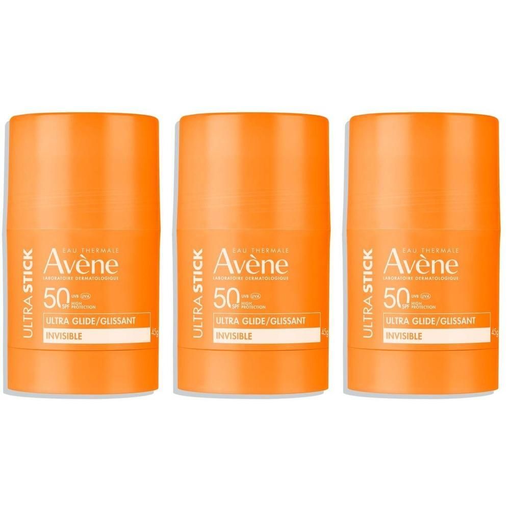 Drei Avène Ultra Sticks LSF 50, wasserfester Sonnenschutz, orangefarbene Behälter.