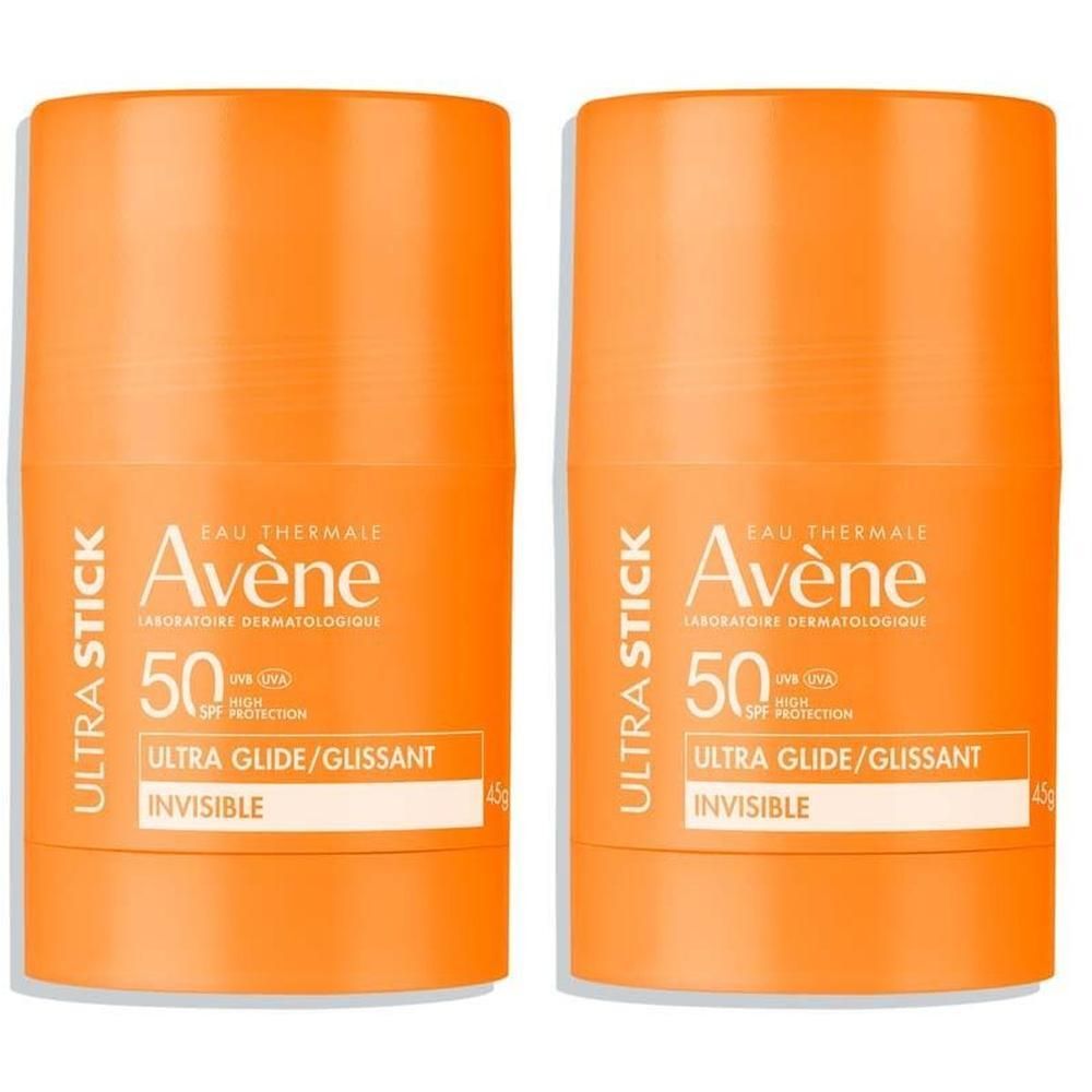 Zwei Avène Ultra Stick LSF 50 Sonnenschutzstifte in Orange.