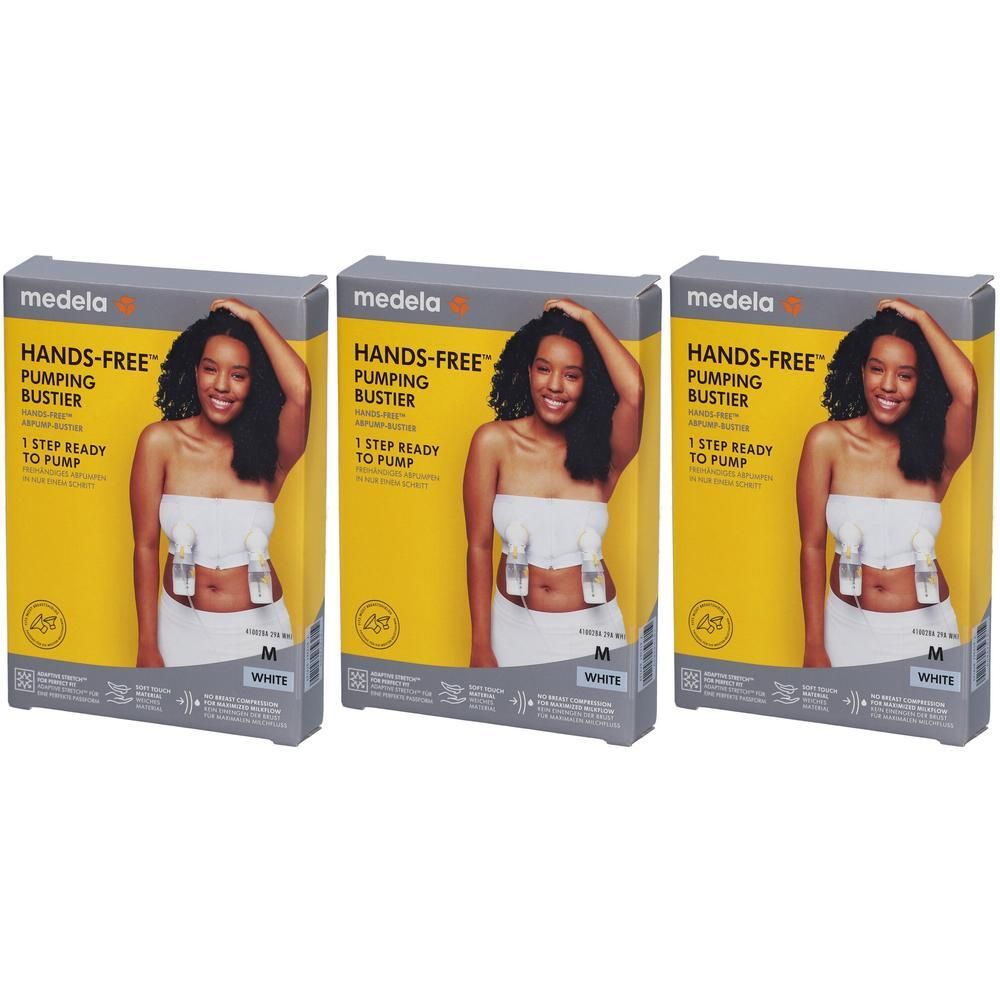 Drei Medela Hands-free™ Abpump-Bustier-Packungen in Weiß, Größe M, mit Abbildungen einer Frau, die das Produkt trägt.