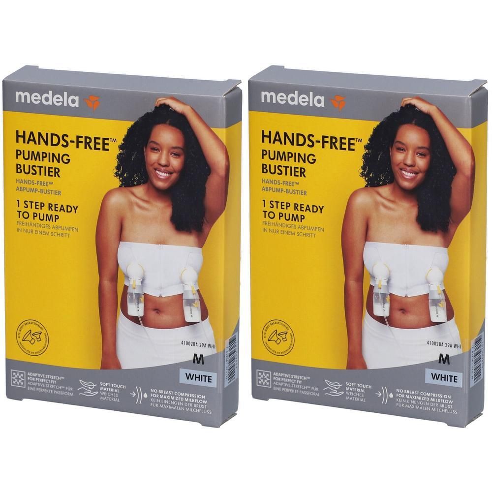 Zwei Packungen Medela Hands-free™ Abpump-Bustier in Weiß, Größe M. Vorderseite zeigt Frau mit Bustier und Pumpflaschen.