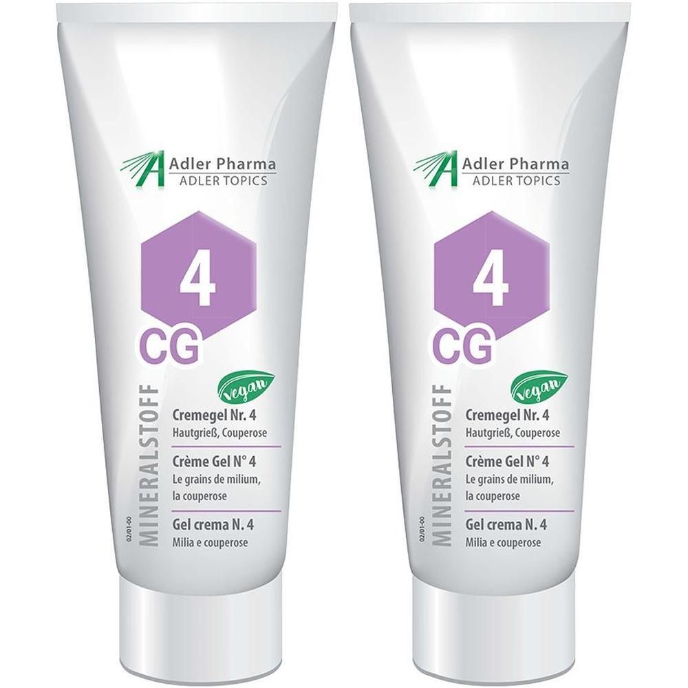 Zwei Tuben MINERALSTOFF Cremegel Nr. 4 von Adler Pharma mit veganem Siegel.