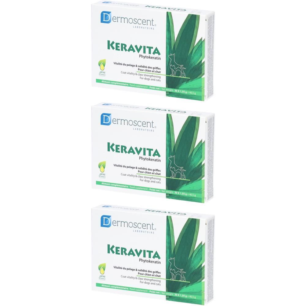 Drei Packungen Keravita Phytokeratin für Hunde und Katzen. Grüne Blätter und ein Hund/Katze-Symbol auf der Verpackung.