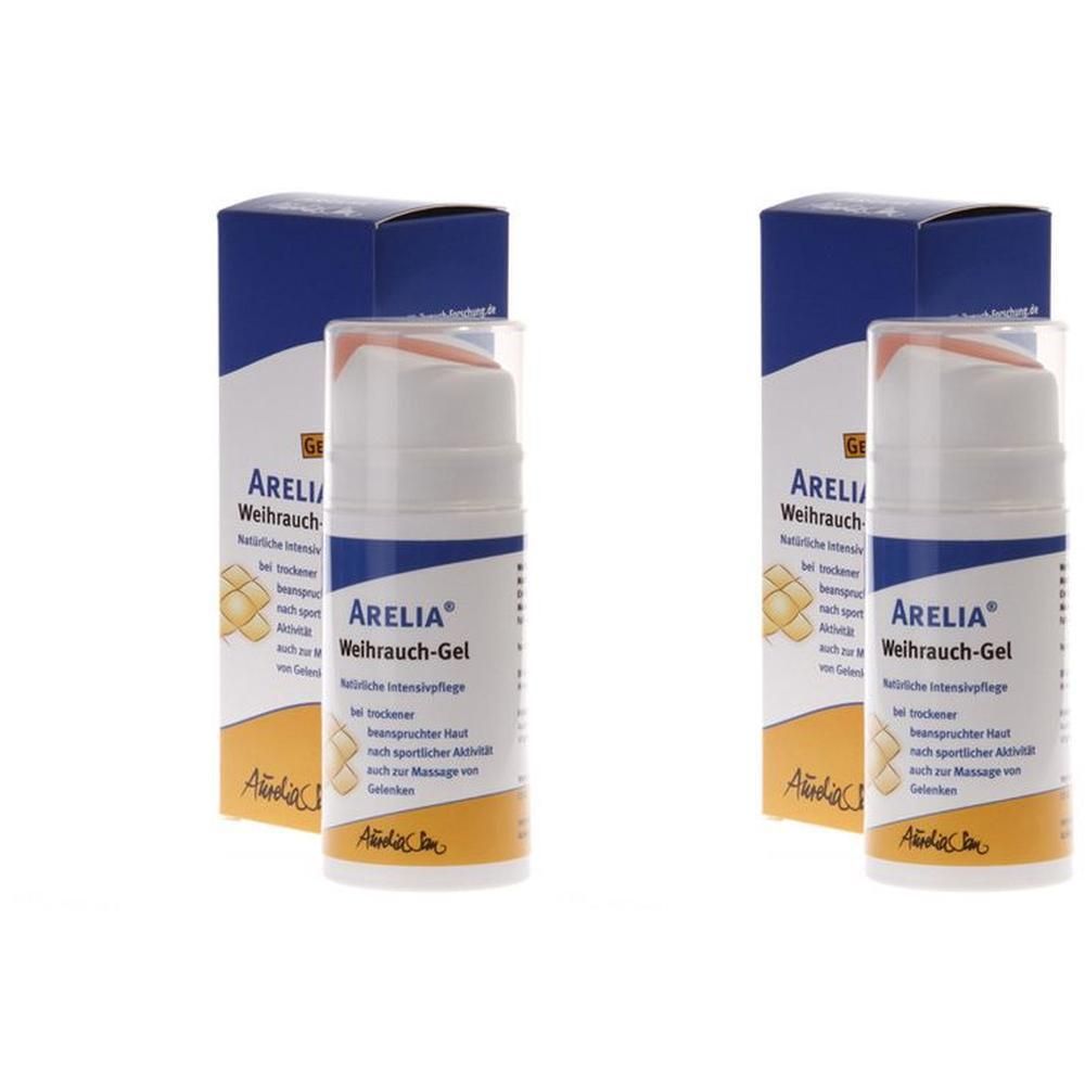 Zwei Flaschen Arelia Weihrauch-Gel mit Spendern und Kartons. Gel-Flaschen mit weißem Pumpspender und durchsichtigem Deckel.
