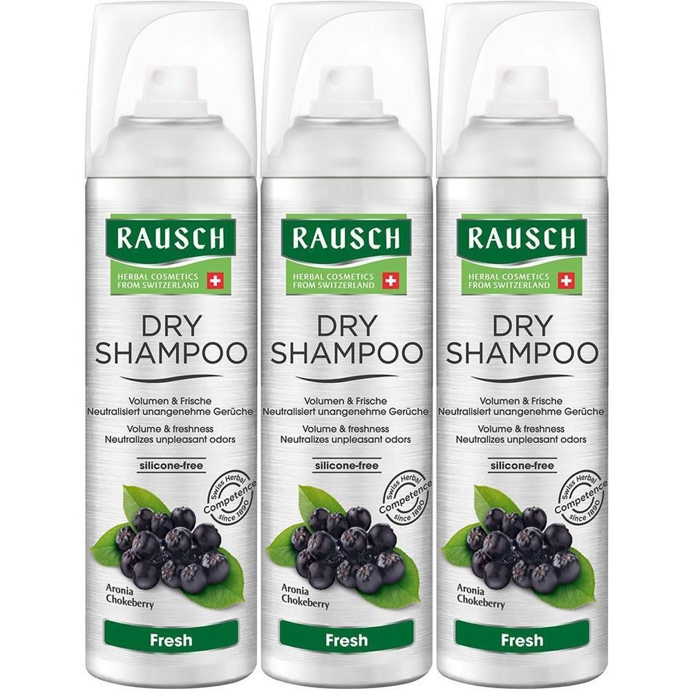 Drei RAUSCH Dry Shampoo Fresh Sprühflaschen mit Aronia Chokeberry. "Herbal Cosmetics from Switzerland".