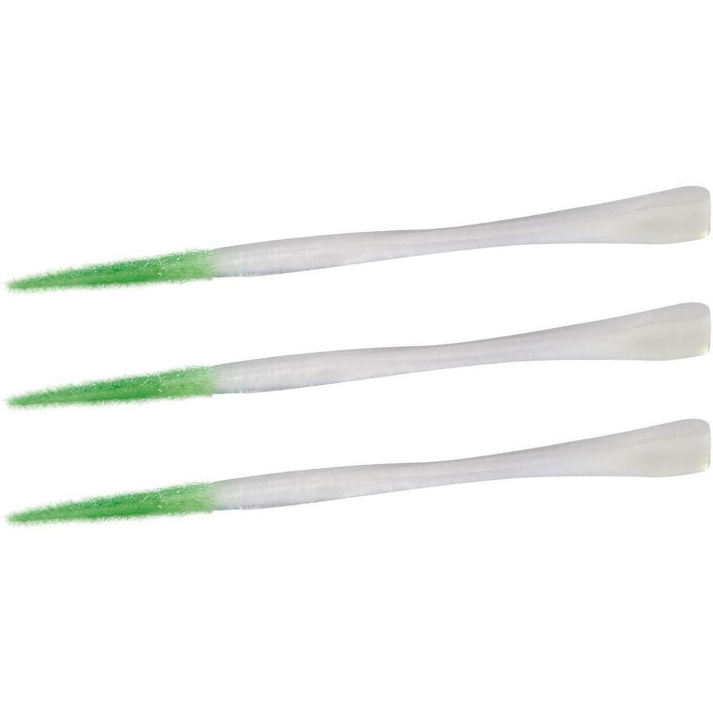 Drei weiße Interdentalbürsten mit grüner Spitze.