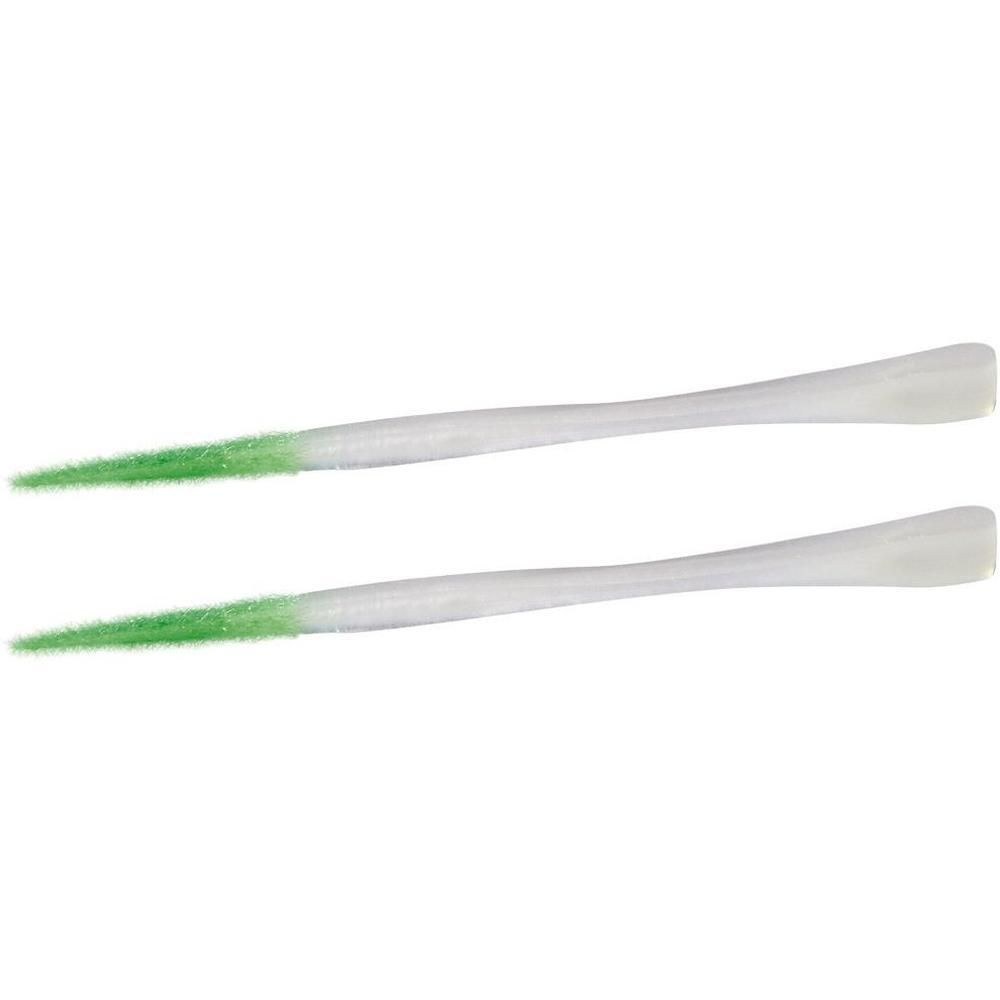 Zwei weiße Interdentalbürsten mit grüner Spitze.