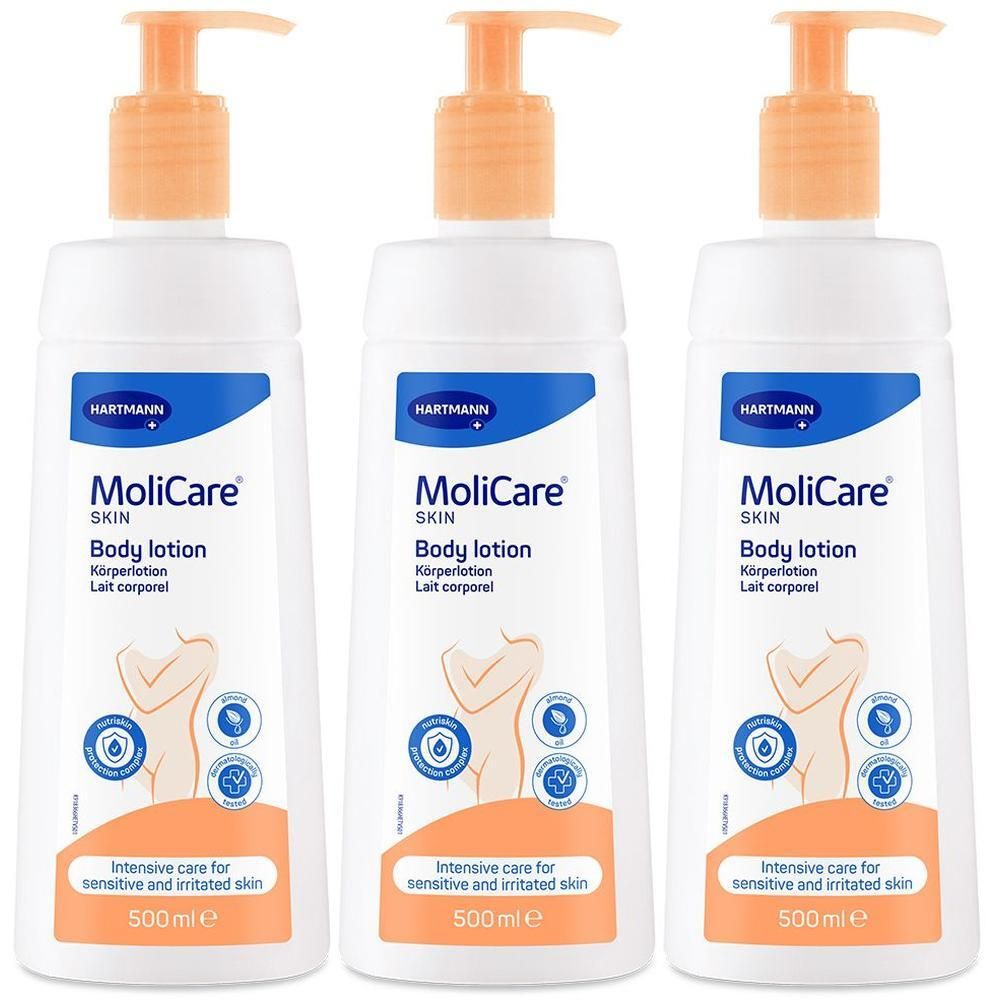 Drei Flaschen MoliCare Skin Körperlotion mit Pumpspendern.