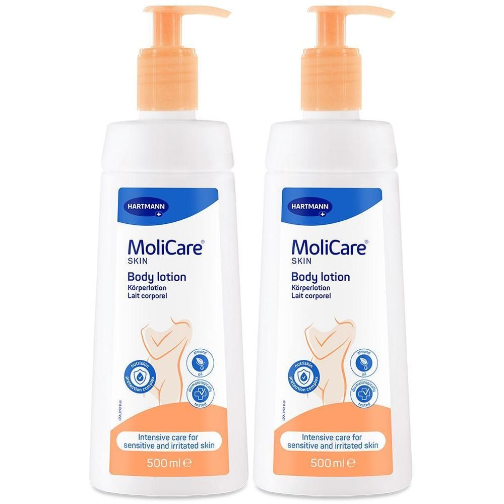 Zwei weiße Pumpspender mit MoliCare Skin Body Lotion, 500 ml.