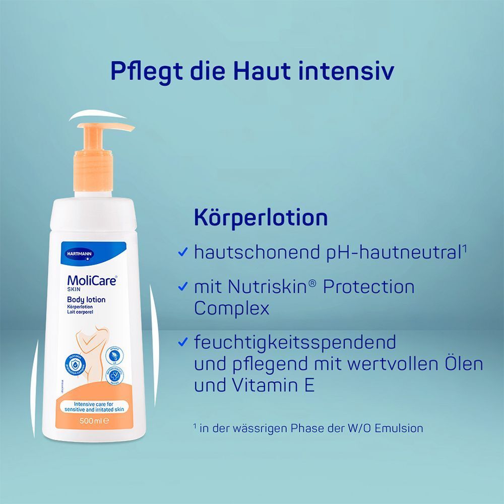 MoliCare Skin Body Lotion Pumpspender. Hautschonend, pH-hautneutral, feuchtigkeitsspendend.