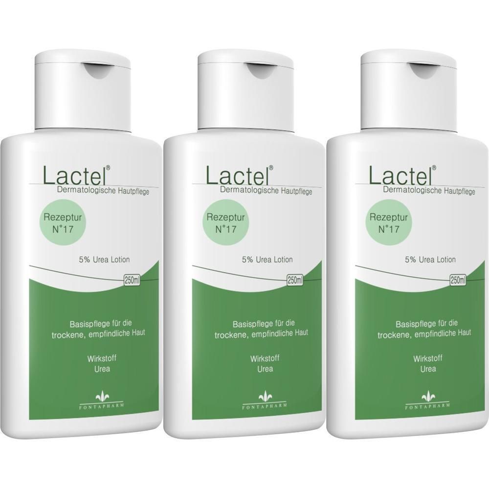 Drei weiße Flaschen Lactel Nr. 17 5% Urea Lotion mit grünen Etiketten.