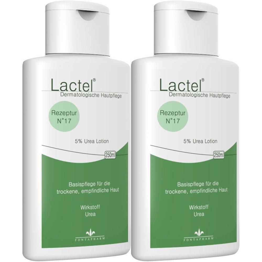 Zwei weiße Flaschen Lactel Nr. 17 5% Urea Lotion, je 250ml.