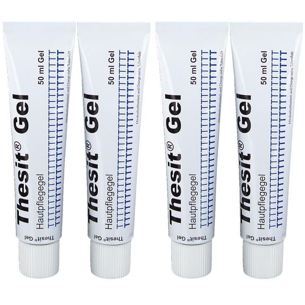 Vier Tuben Thesit® Gel, je 50 ml, mit Aufdruck 'Hautpflegegel'.
