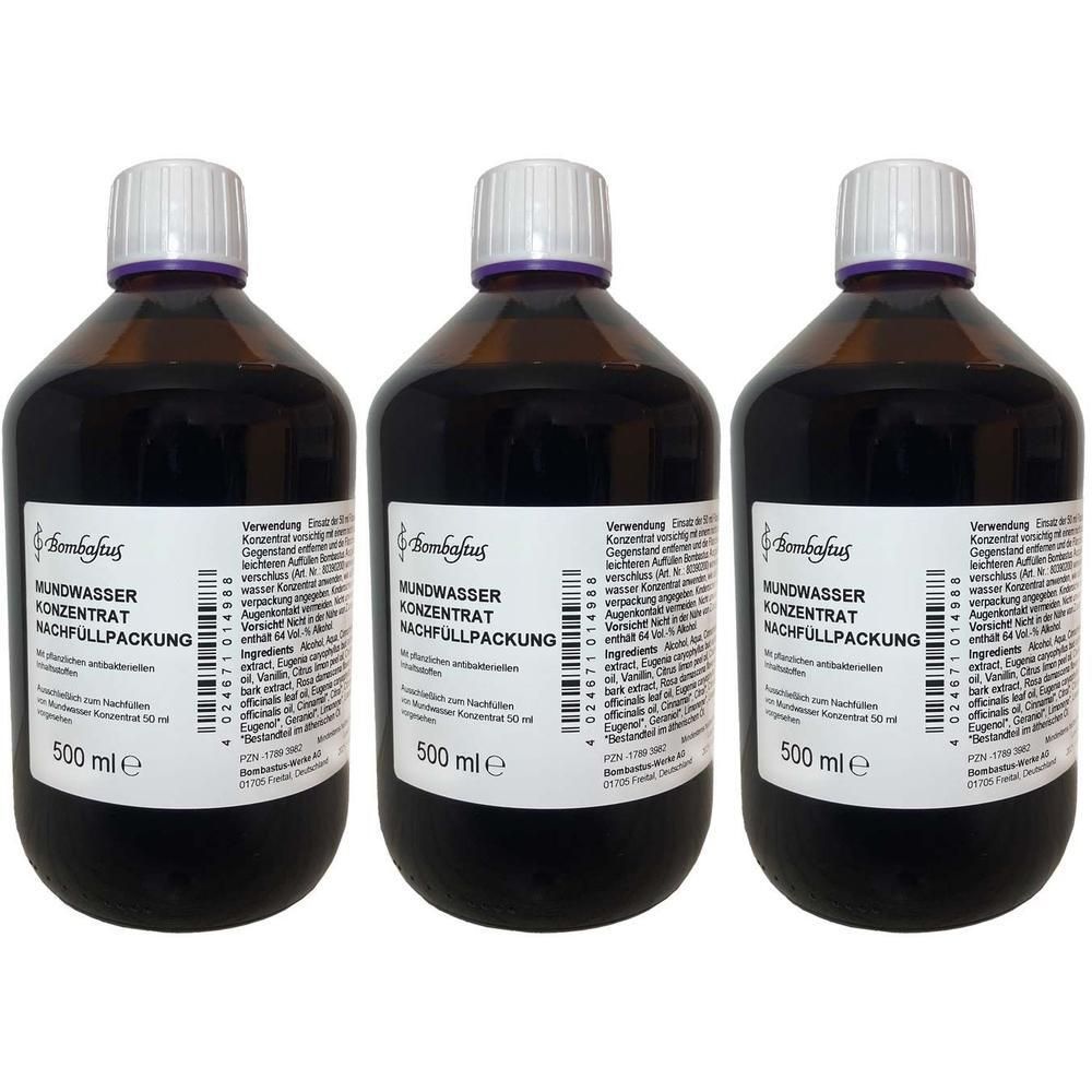 Drei Flaschen Bombastus Mundwasser Konzentrat Nachfüllpackung, je 500 ml.
