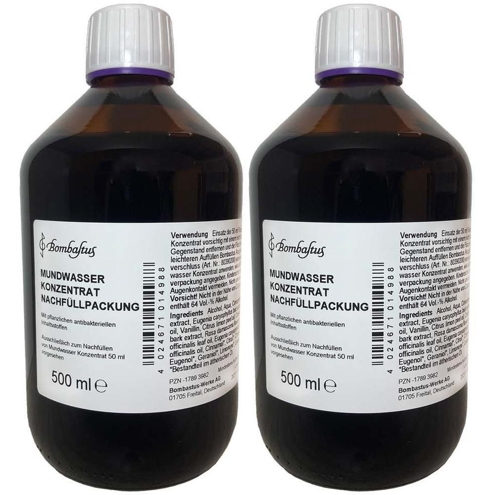Zwei Flaschen Bombastus Mundwasser Konzentrat Nachfüllpackung, je 500 ml.
