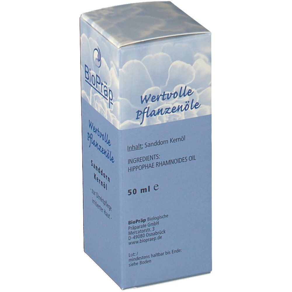 Eine Schachtel BioPräp Sanddorn Kernöl, Vorderseite mit Produktinformationen und 50 ml Angabe.