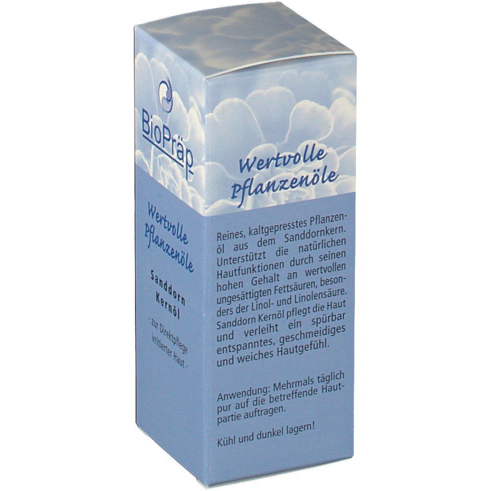Eine Schachtel BioPräp Sanddorn Kernöl, Rückseite mit detaillierter Produktbeschreibung und Anwendungshinweisen.