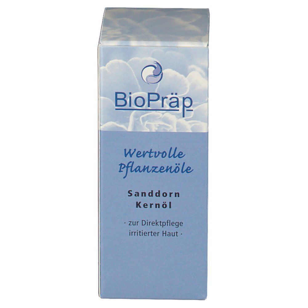 Eine Schachtel BioPräp Sanddorn Kernöl, Vorderseite mit Logo und Produktnamen.