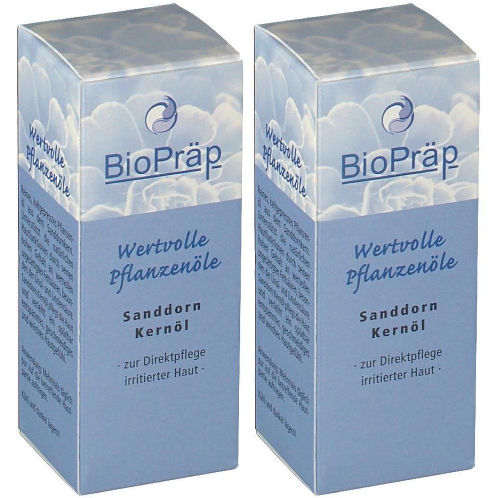 Zwei Packungen BioPräp Sanddorn Kernöl, wertvolle Pflanzenöle zur Hautpflege.