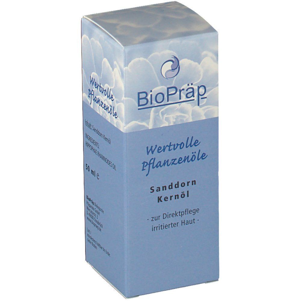 BioPräp Sanddorn Kernöl Packung, wertvolle Pflanzenöle zur Pflege irritierter Haut.