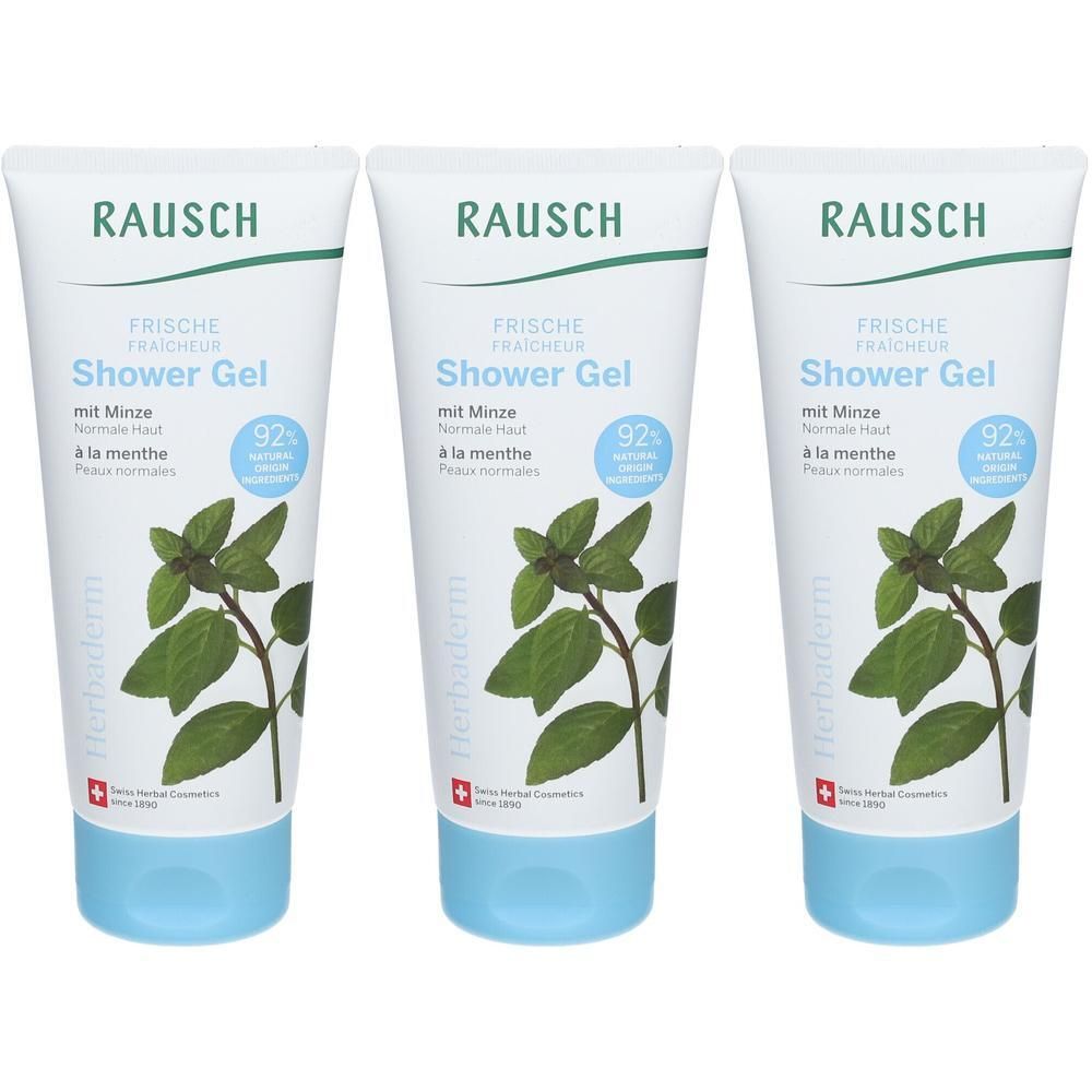 Drei Tuben RAUSCH Frische Shower Gel Minze mit Minzmotiv und 92% natürlichen Inhaltsstoffen.