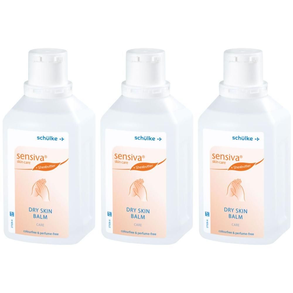 Drei Flaschen sensiva® Dry Skin Balm mit weißem Klappdeckel. Klare Plastikflaschen mit Etikett.