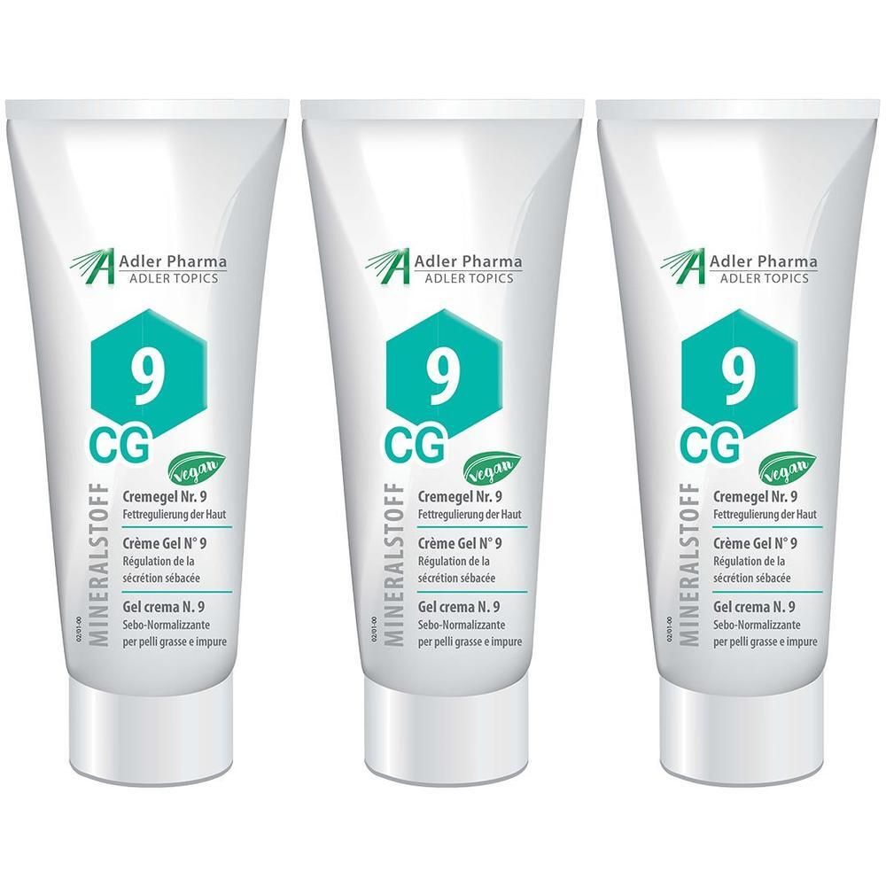 Drei Tuben MINERALSTOFF Cremegel Nr. 9 von Adler Pharma mit veganem Siegel.