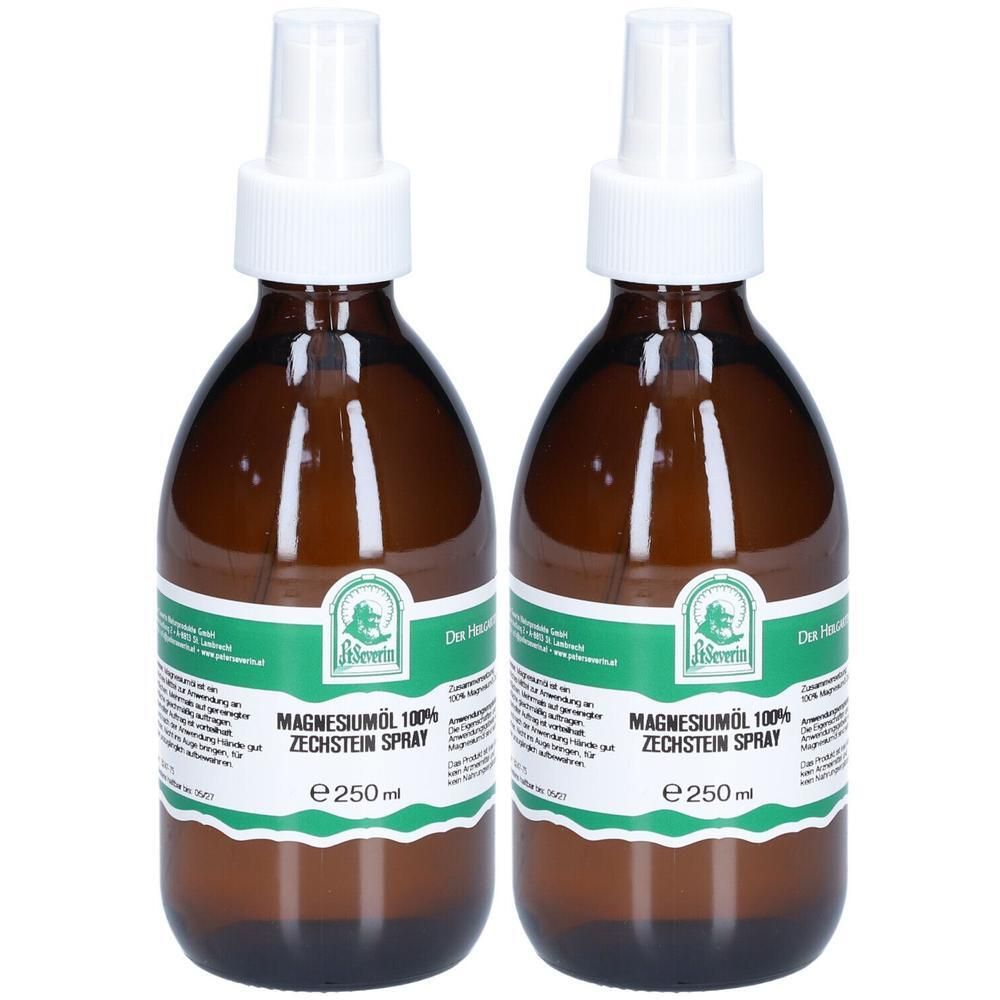 Zwei braune Sprühflaschen mit Magnesiumöl 100% Zechstein Spray, je 250ml.