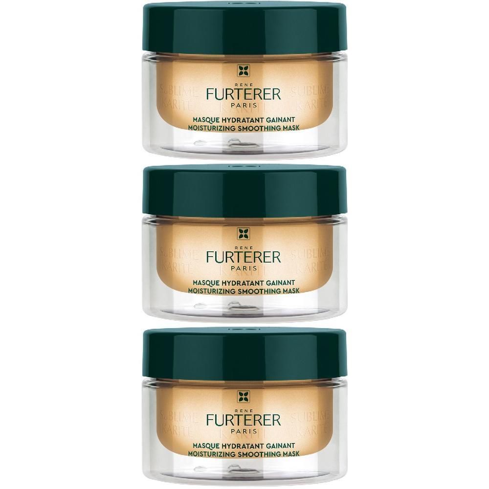 Drei Gläser der Sublime Karité Feuchtigkeitsspendenden Haarmaske von Furterer Paris.