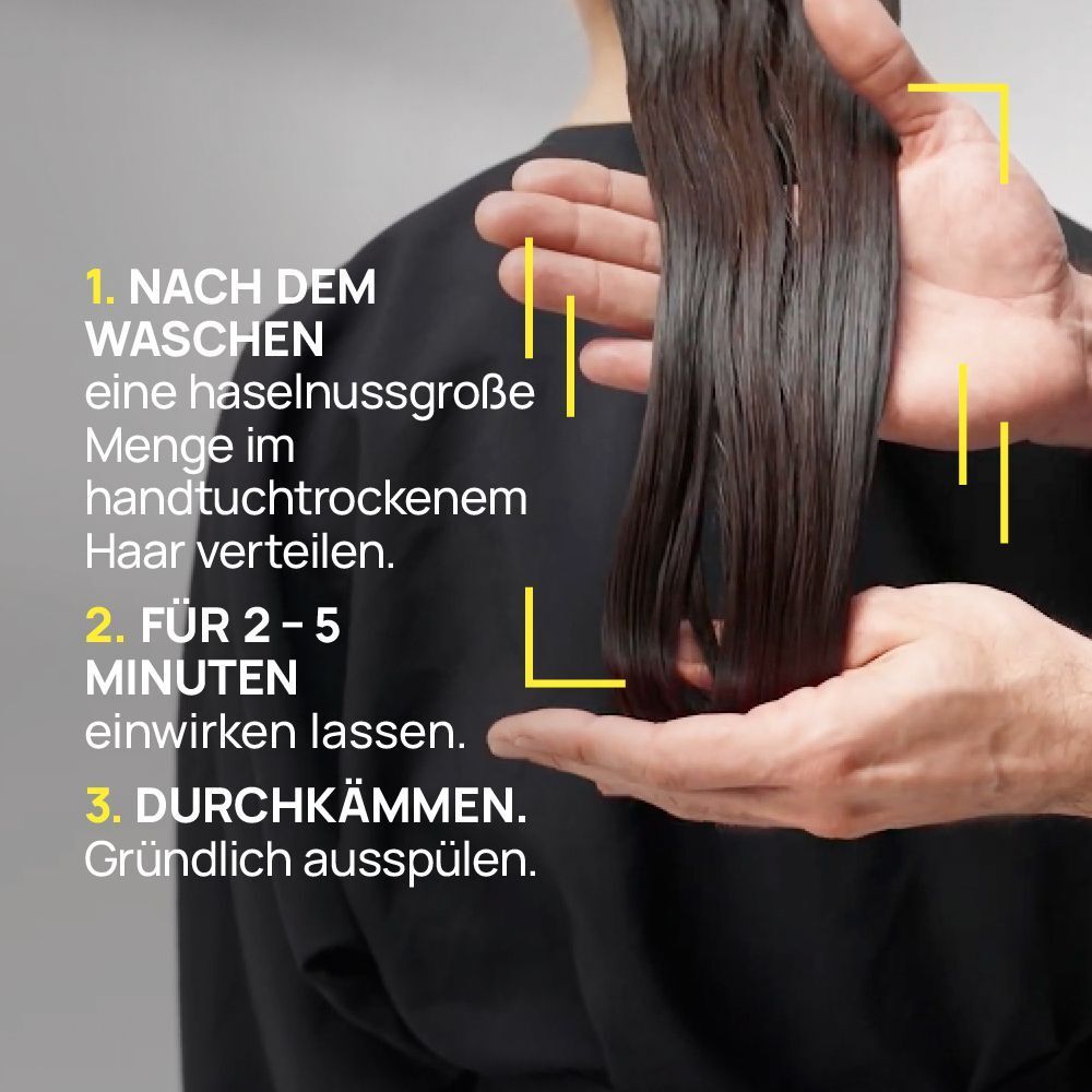 Anwendung der Haarmaske: Nach dem Waschen auftragen, 2-5 Min. einwirken lassen, durchkämmen.