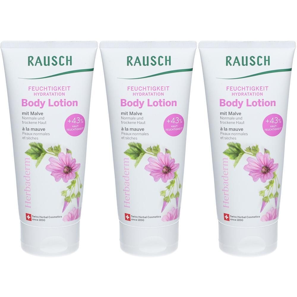 Drei Tuben RAUSCH Feuchtigkeit Body Lotion mit Malve-Blüten und Kräutern.
