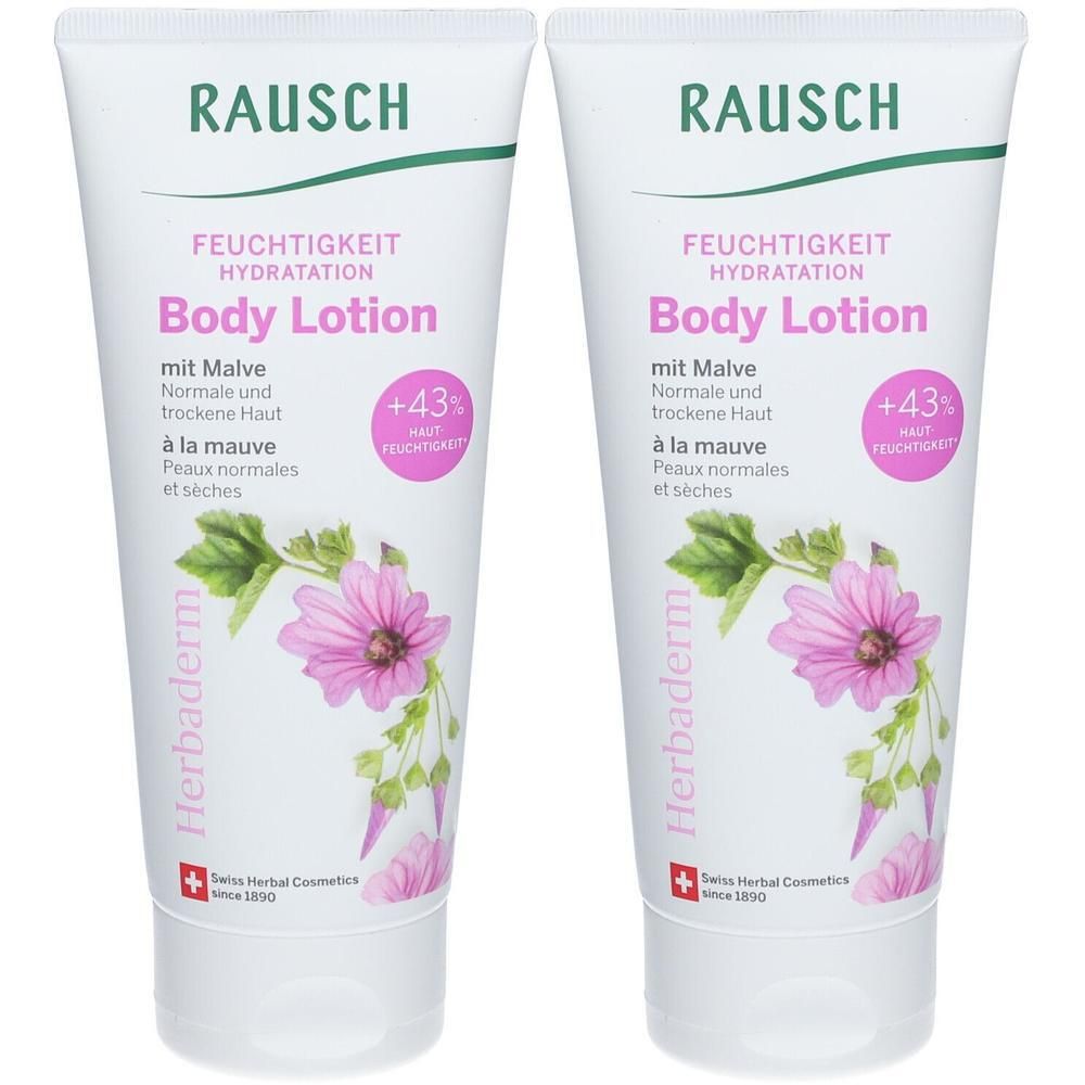 Zwei Tuben RAUSCH Feuchtigkeit Body Lotion mit Malve. Weiße Tuben mit rosa und grünen Akzenten und Malvenblüten.