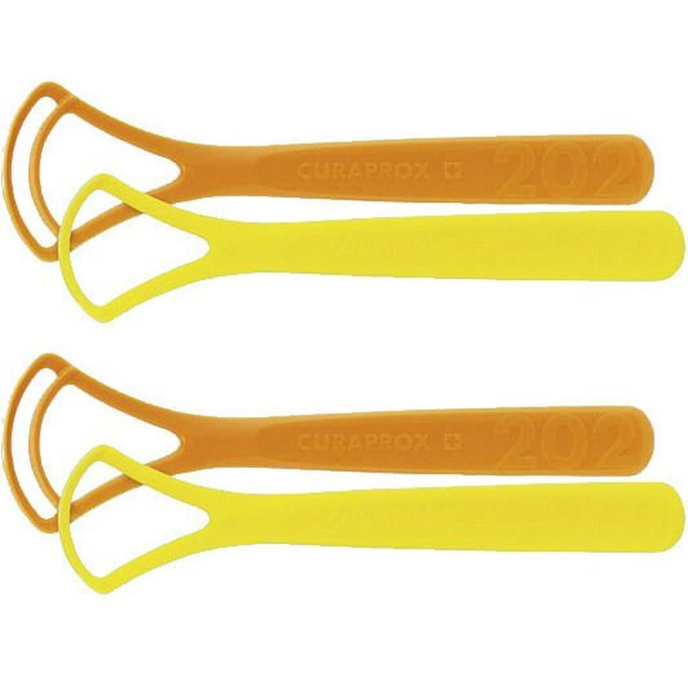 Zwei Zungenreiniger, orange und gelb, mit Griff und U-förmiger Reinigungsfläche. CURAPROX 202 eingraviert.