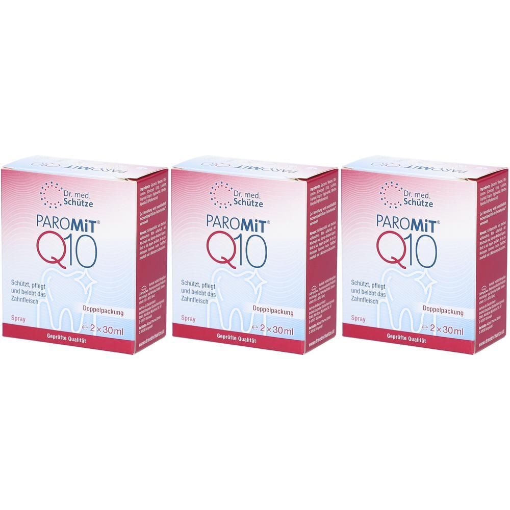Drei Schachteln Dr. med. Schütze PAROMiT® Q10 Spray, Doppelpackung, je 2x30ml.