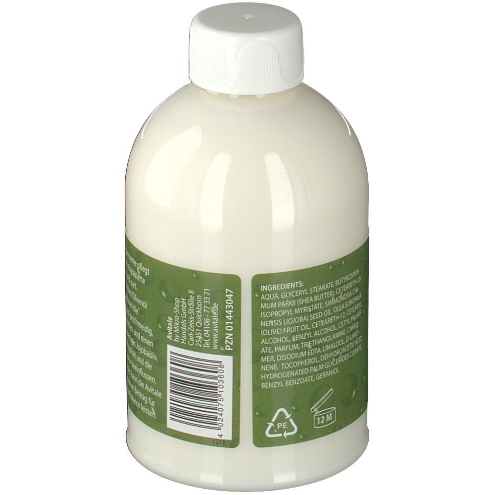Seitenansicht einer Flasche Olivenöl Körpercreme mit Etikett, das Inhaltsstoffe und Herstellerinformationen zeigt.