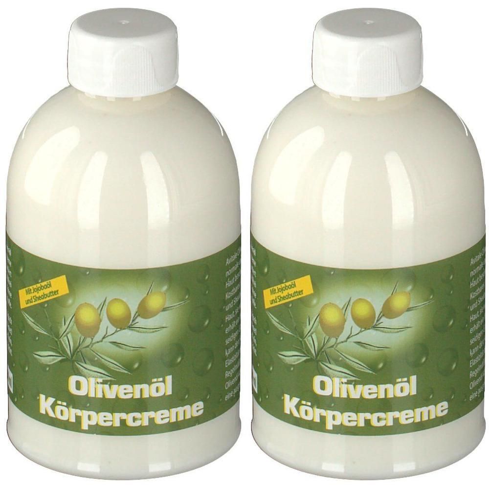Zwei Flaschen Olivenöl Körpercreme mit weißem Schraubverschluss und grünem Etikett mit Olivenzweig.