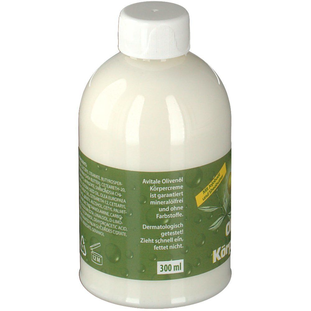 Seite einer Flasche Olivenöl Körpercreme mit Etikett, das '300 ml', 'mineralölfrei' und 'dermatologisch getestet' angibt.