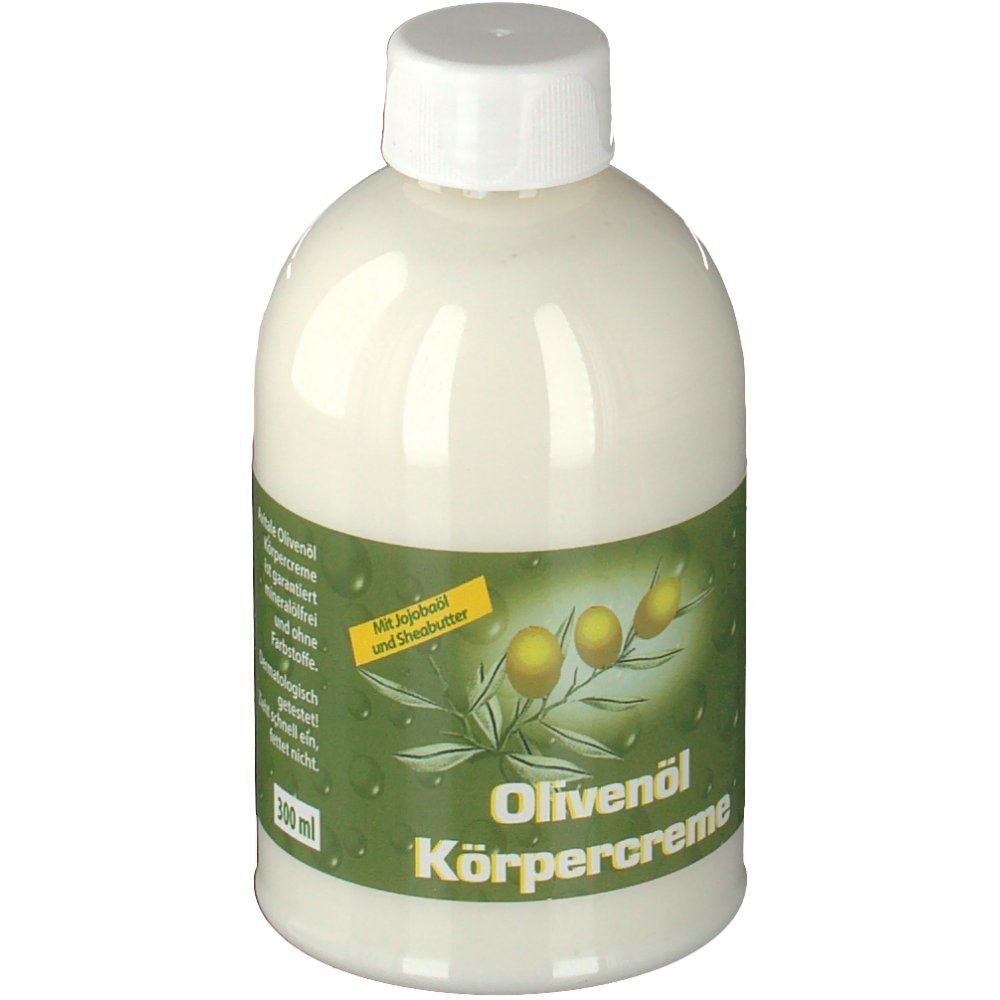 Vorderseite einer Flasche Olivenöl Körpercreme mit Etikett, das '300 ml', 'mit Jojoba und Sheabutter' zeigt.