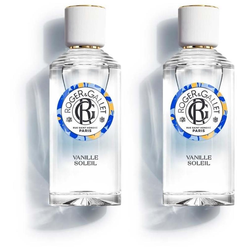 Zwei Flaschen ROGER&GALLET Vanille Soleil Wohlfühlwasser mit weißem Deckel und goldenem Rand.