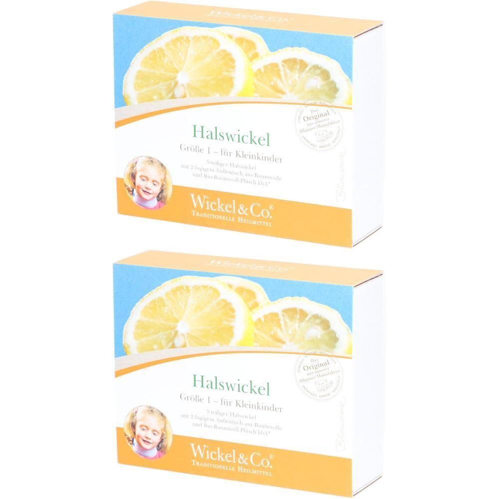 Zwei Packungen Halswickel Größe 1 für Kleinkinder mit Zitronenscheiben-Design und Wickel & Co. Logo.