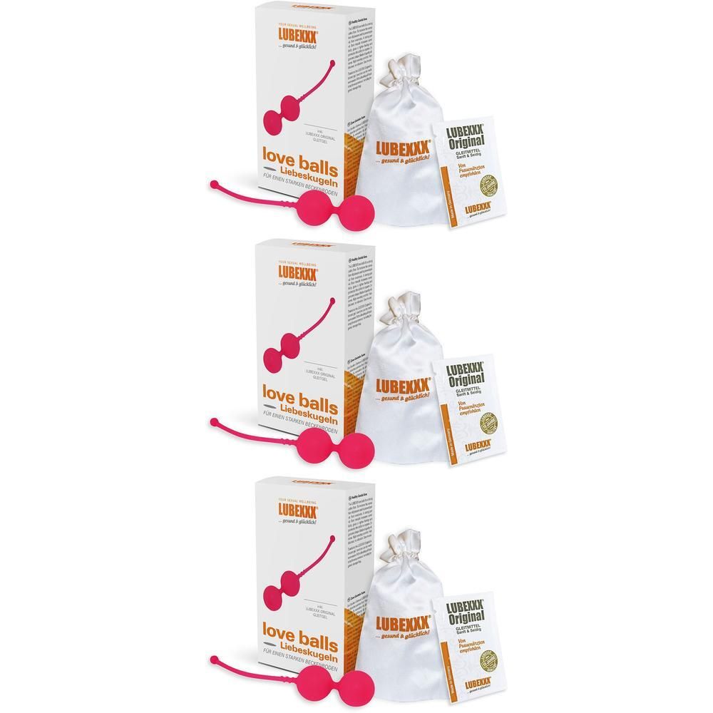 Drei Packungen LUBEXXX® Love Balls, pink, mit Schnur. Jede Packung enthält eine Aufbewahrungstasche und eine Anleitung.