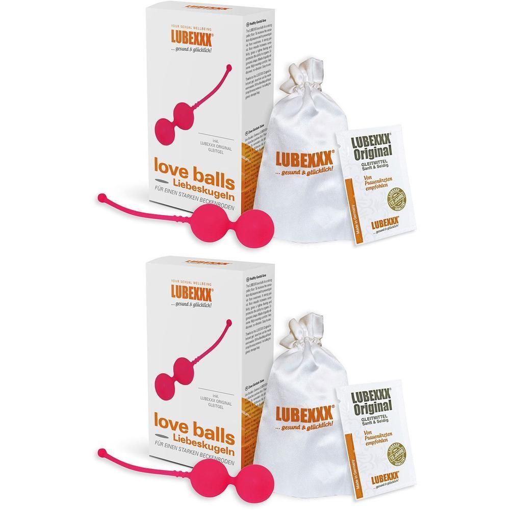 Zwei Packungen LUBEXXX® Love Balls, pink. Jede Packung enthält zwei Kugeln an einer Schnur und eine weiße Stofftasche.