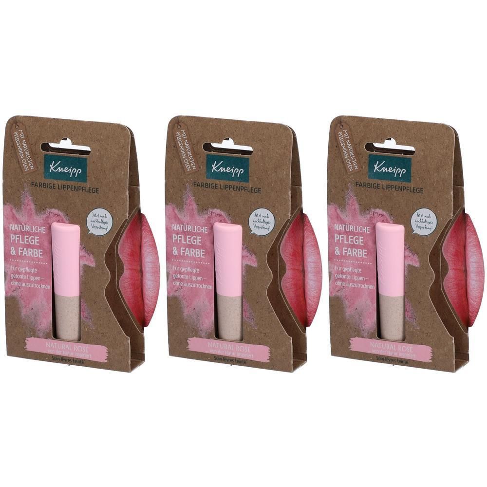 Drei Packungen Kneipp farbige Lippenpflege mit rosa Kappe und beigefarbenem Unterteil.