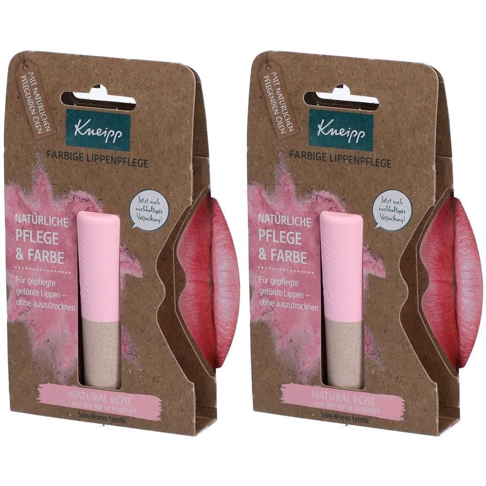 Zwei Packungen Kneipp farbige Lippenpflege Natural Rose mit rosa Applikator.
