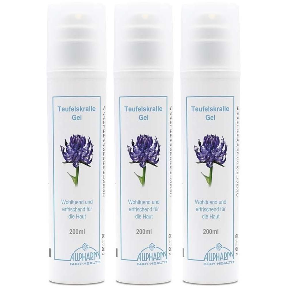 Drei Flaschen Teufelskralle Gel mit lila Blüte und "ALLPHARM BODY HEALTH" Logo.