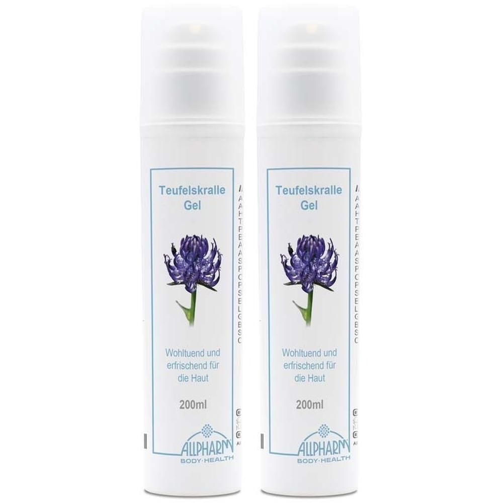 Zwei weiße Spenderflaschen mit Teufelskralle Gel und einer lila Blume.
