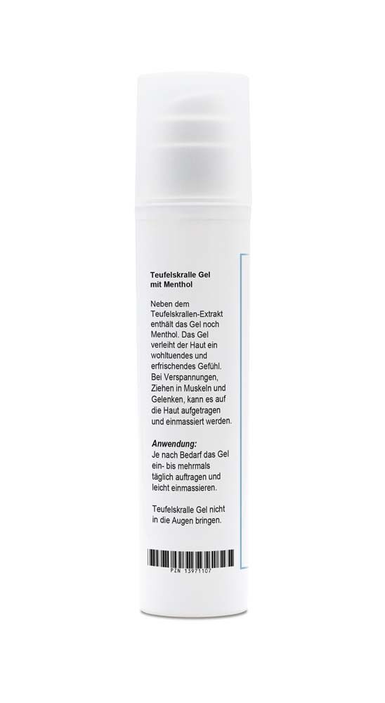 Rückseite einer Spenderflasche mit Teufelskralle Gel und Menthol.
